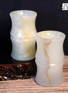 天然玉石笔筒竹节筒装饰摆件 客厅书房办公室小花瓶装饰送礼佳品