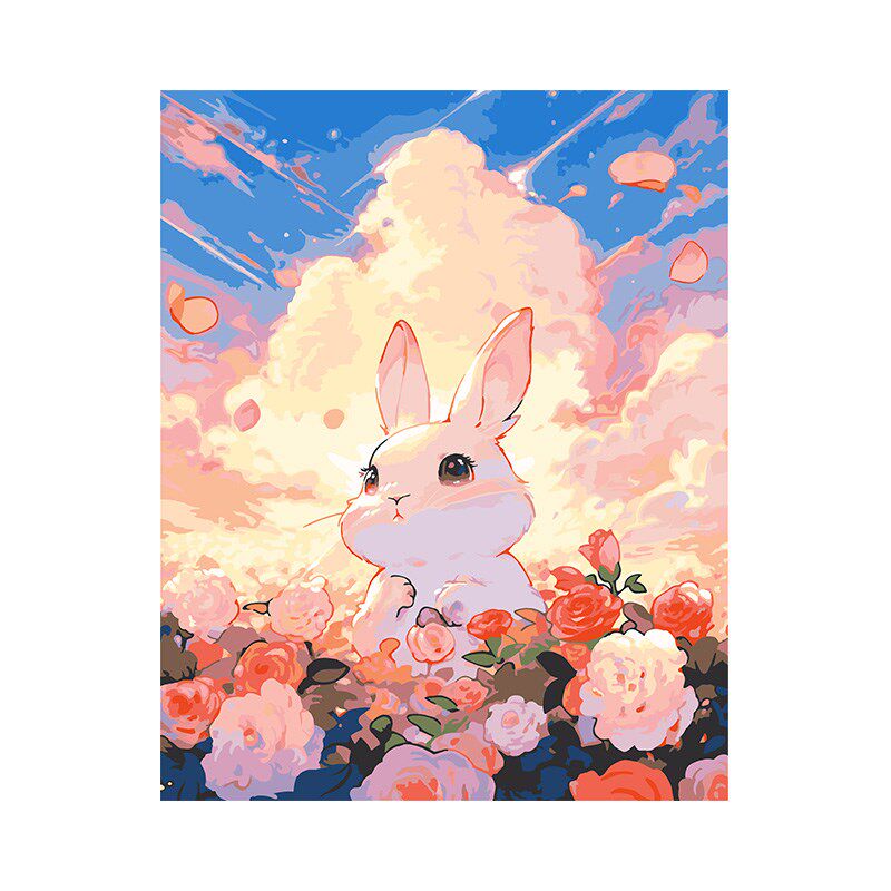 自油自画 数字油画diy手绘手工填充填色减压涂色油彩画 花丛中兔