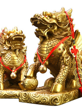 铜麒麟摆件一对纯铜踩八卦黄铜火麒麟客厅装饰办公室店铺开业礼品
