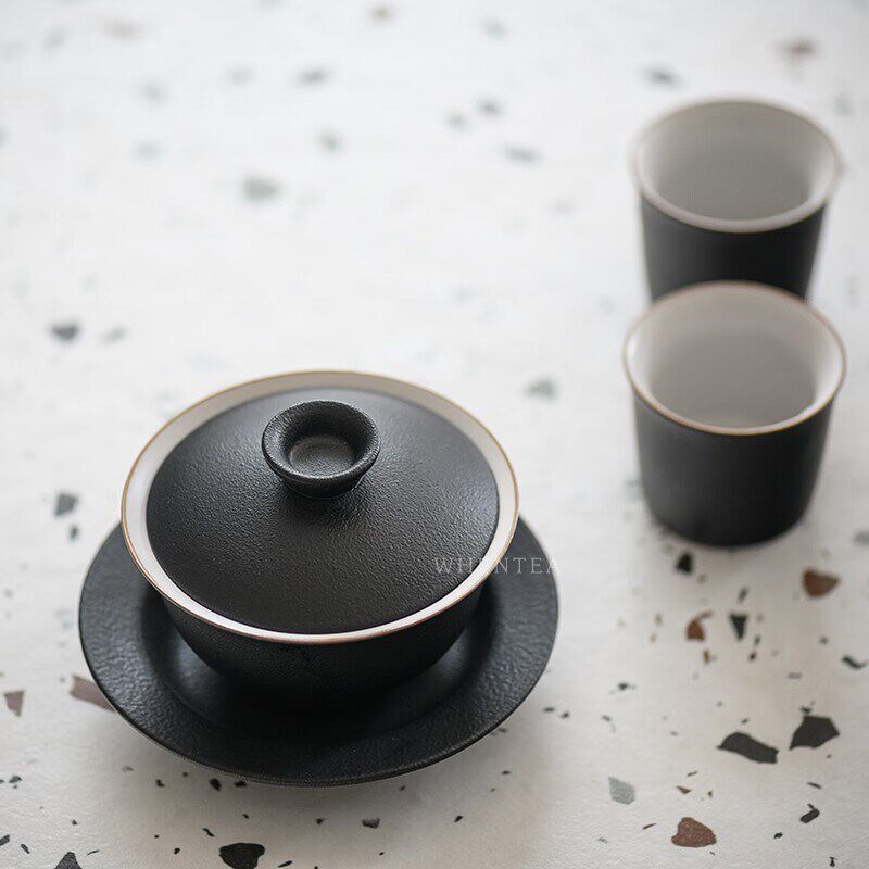 闻说黑砂粗陶盖碗 简约禅意三才碗粗陶家用泡茶碗功夫茶具配件
