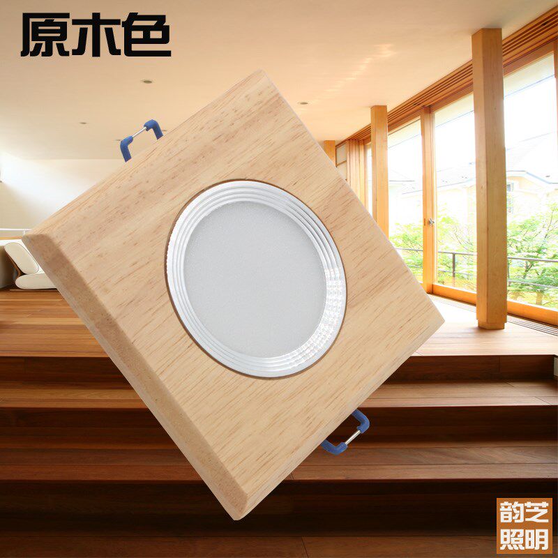 中式筒灯led原木天花灯实木方形客厅背景墙灯3w5w暗装COB木纹洞灯