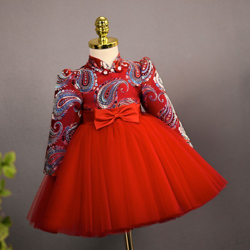 中式女童周岁礼服女宝高定旗袍儿童抓周红色唐装喜庆中国风公主裙