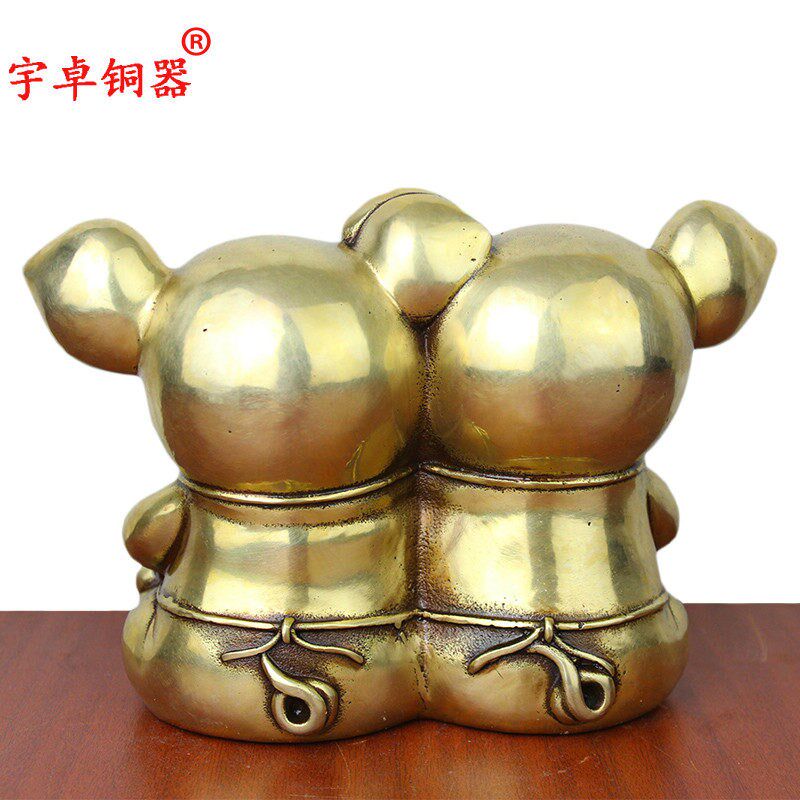 宇卓铜器 纯铜猪黄铜猪做旧色连体对猪铜猪生肖猪工艺品摆件
