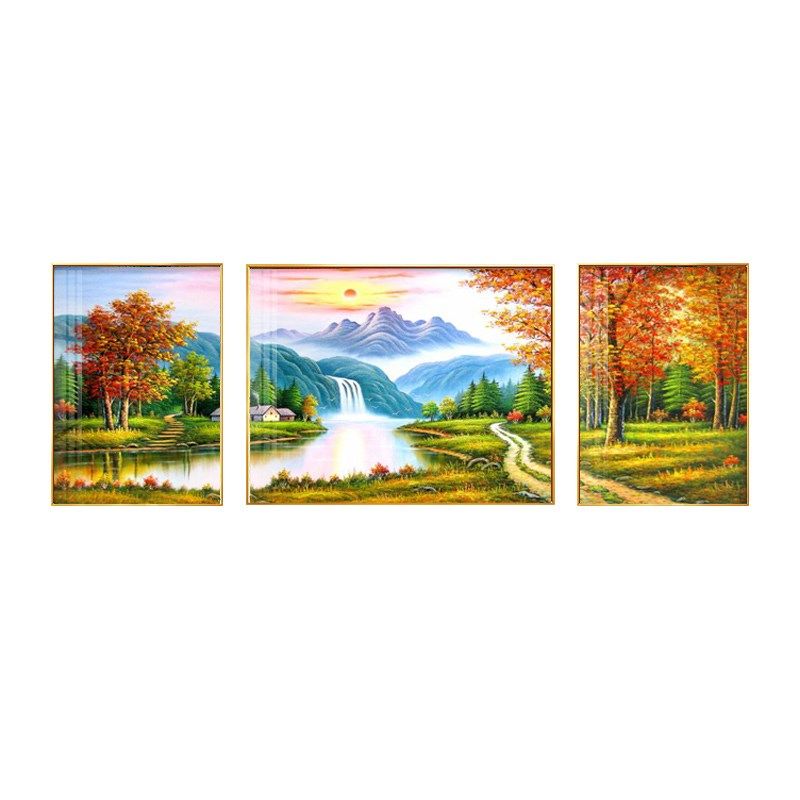 流水生财山水风景画客厅装饰画沙发背景墙挂画三联壁画纯手绘油画