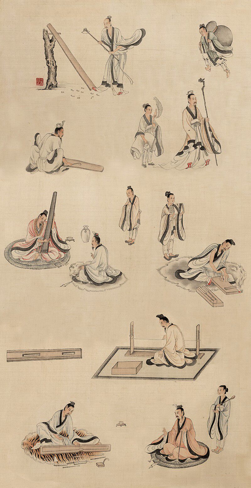 斫琴图古琴制作装饰画 玄关装饰琴画挂轴新中式绢本复制画