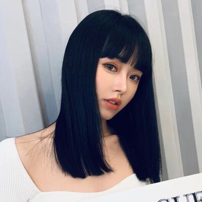 网红假发女中长发漫画厚款齐刘海自然逼真锁骨发气质修脸全头套式