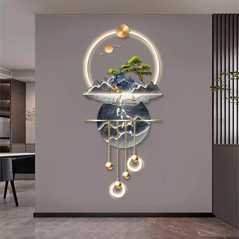 流水生财玄关装饰画山水高档立体LED壁灯新中式入户走廊过道挂画
