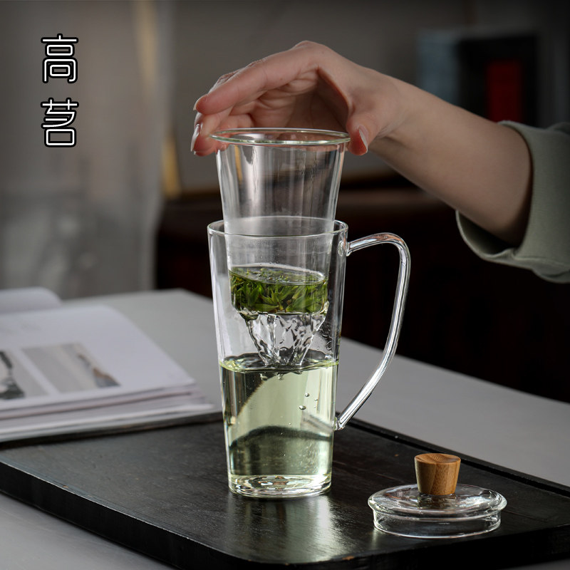 办公室绿茶杯带把茶水分离玻璃水杯耐热泡茶过滤杯高端女士喝茶杯