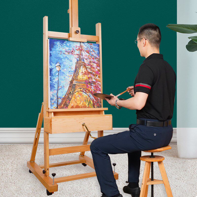 绘岳榉木升降单摇杆抽屉落地大画架油画国画大实木立式收纳展示架