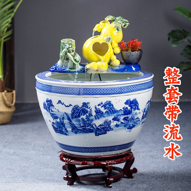 景德镇陶瓷鱼缸特大号过滤循环流水器养鱼客厅摆件喷泉荷花睡莲盆