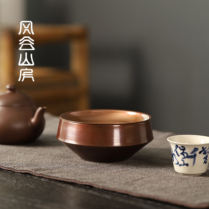 手工紫铜建水茶洗带盖茶渣缸日式家用水盂壶承功夫茶具零配件茶桶