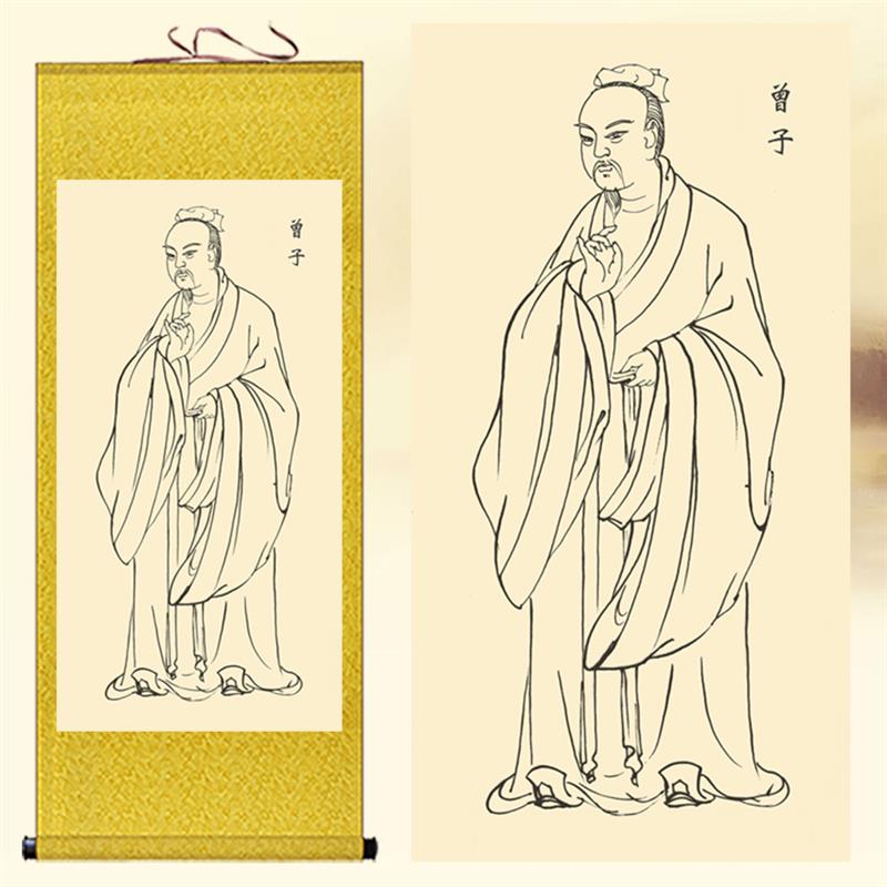 新中式儒家四配四圣四公卷轴画 孟子曾子教室装饰挂画 丝绸国画送