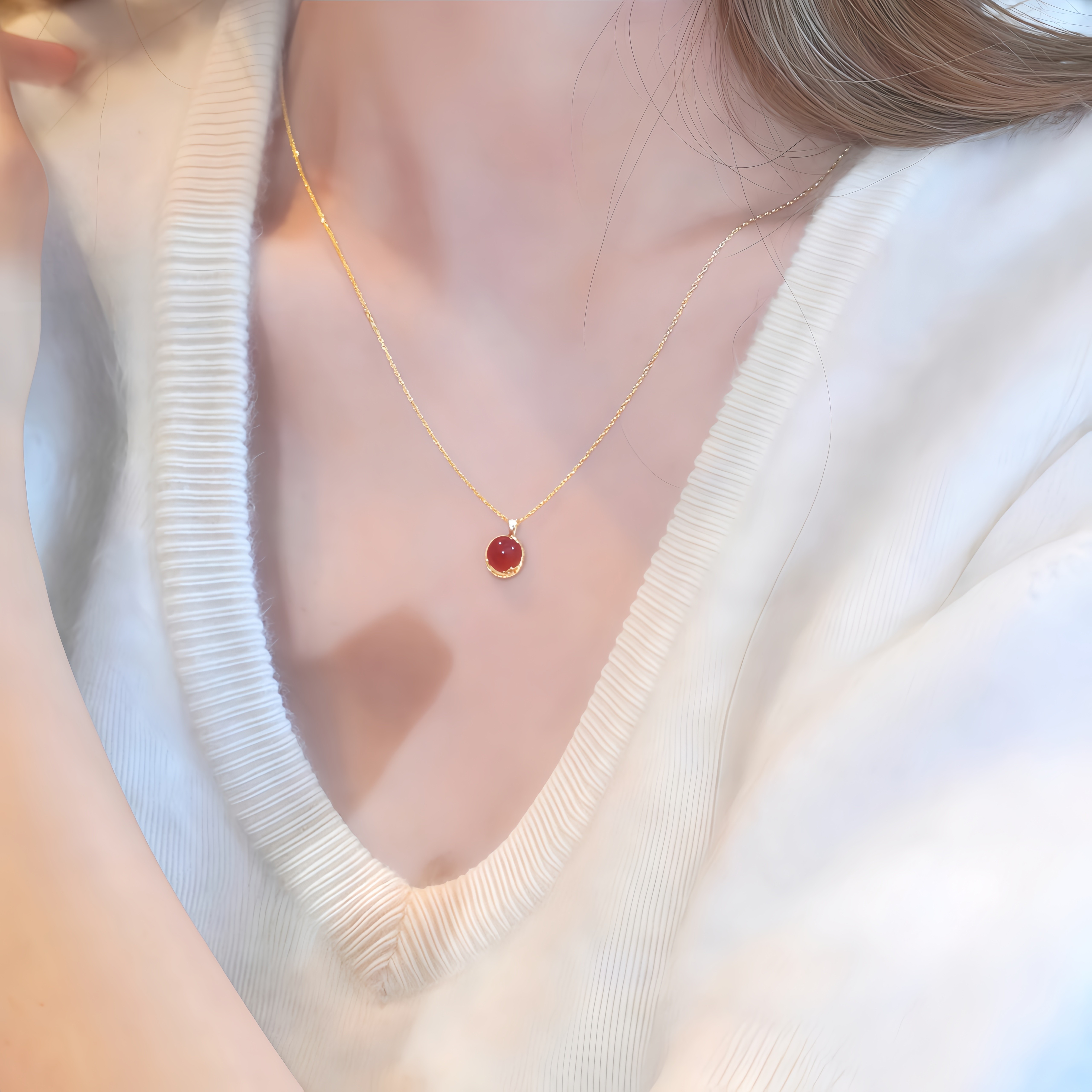 朱砂天然红玛瑙项链女款银镀金锁骨链小众时尚颈链送女友生日礼物