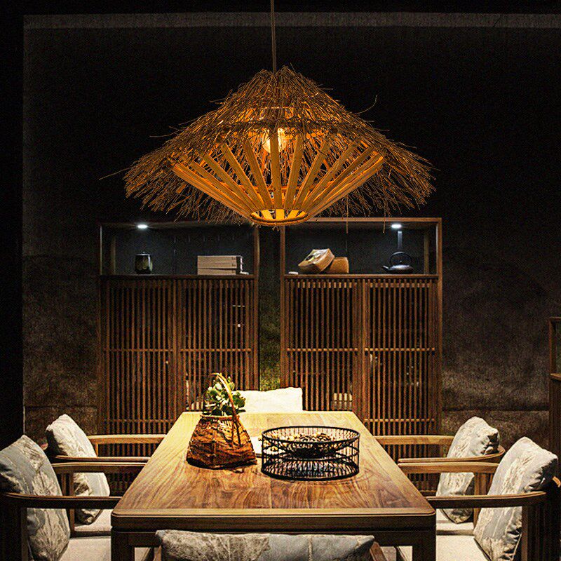 中式复古个性创意竹艺仿古民宿客栈特色餐厅吧台农家乐树皮吊灯