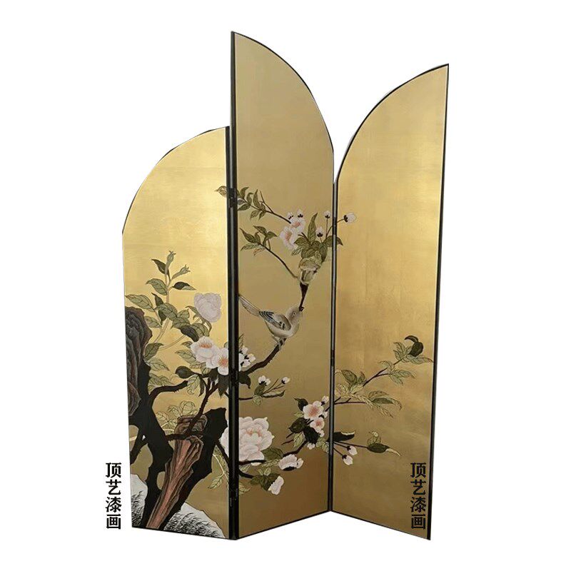 异型手绘金箔银箔漆画屏风移动折叠屏风客厅茶室隔断背景定制尺寸