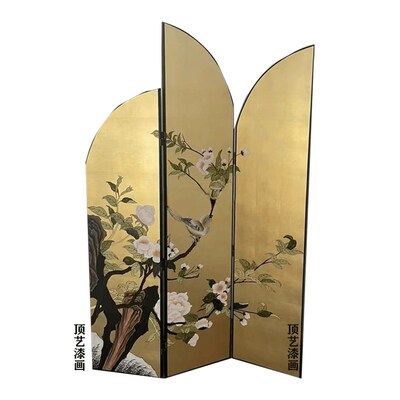 异型手绘金箔银箔漆画屏风移动折叠屏风客厅茶室隔断背景定制尺寸