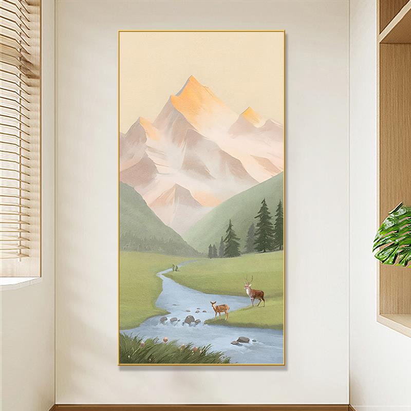 日照金山入户正对门墙挂画玄关装饰画山水画大气玄幻走廊过道壁画