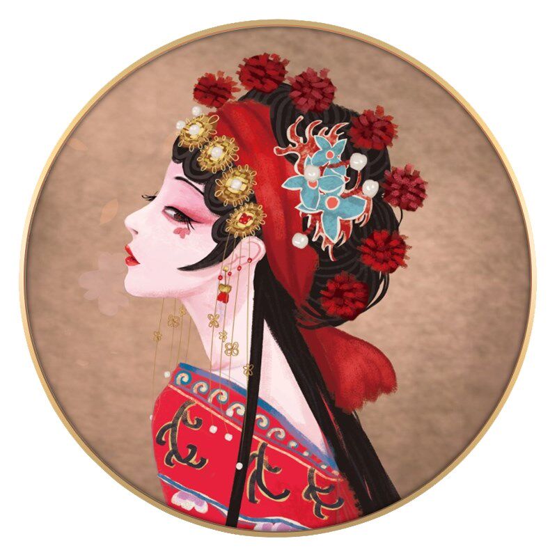 网红京剧花旦人物国潮新中式装饰画玄关挂画圆形入户脸谱中国风壁