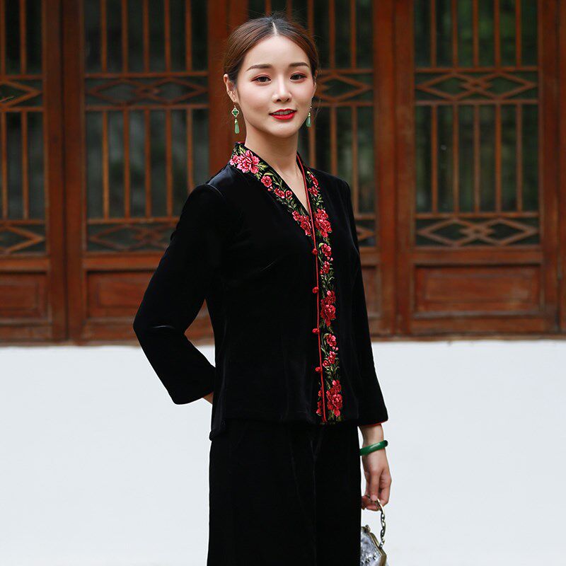 韩国绒唐装女士春秋新款改良日常大码妈妈中式中国风绣花旗袍上衣
