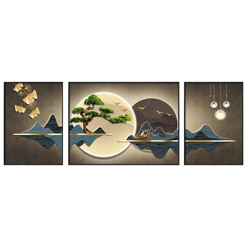 农村别墅家庭东墙客厅三联挂画迎客松结婚电视背景墙装饰发光灯画
