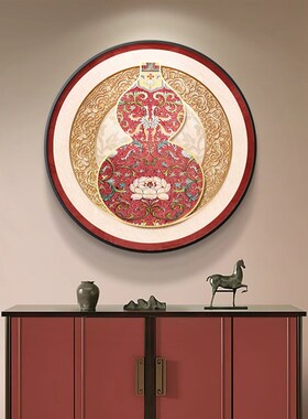 喜上眉梢花鸟玄关装饰画红色喜庆圆形背景墙挂画寓意好新中式壁画