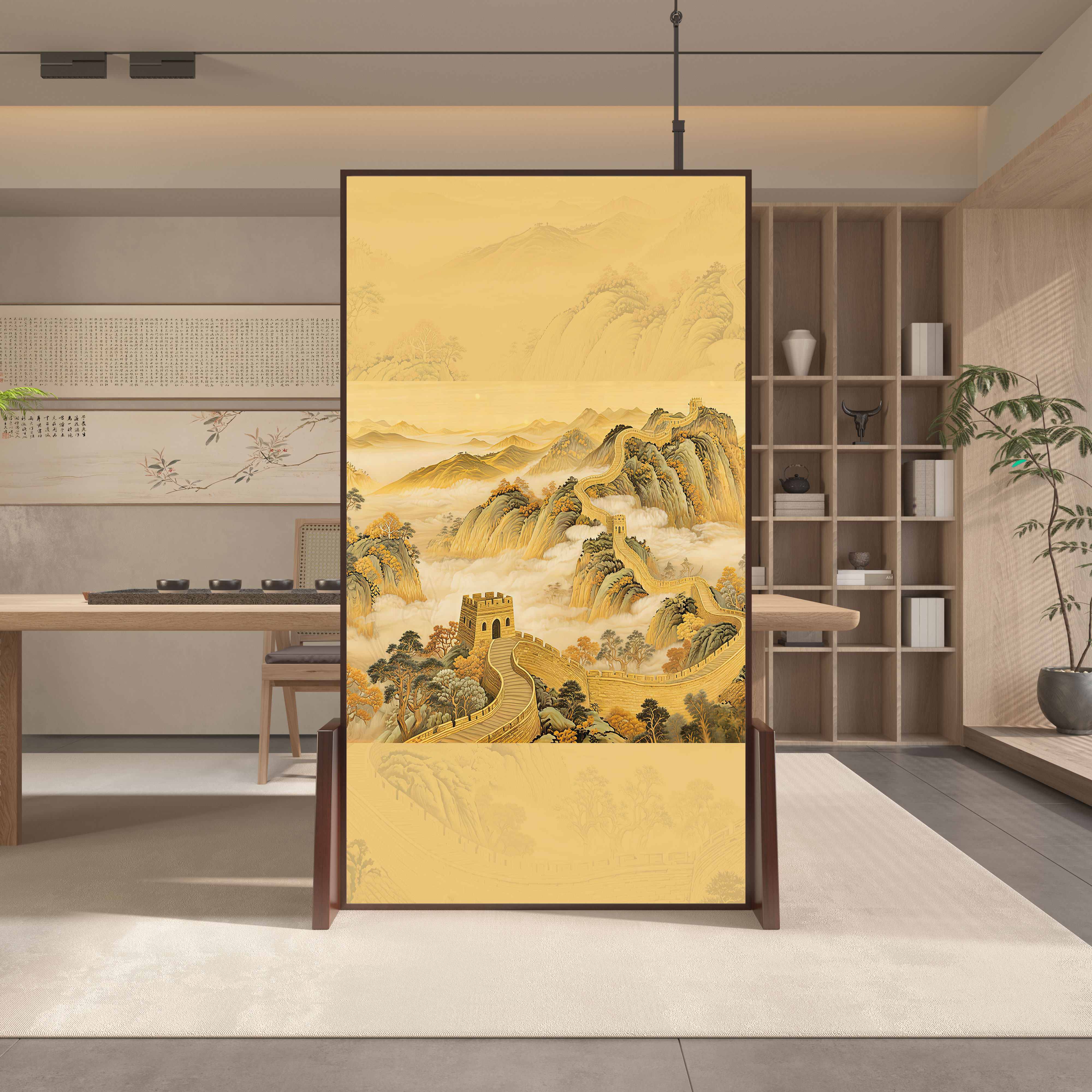 新中式微晶木山水禅意隔断座屏