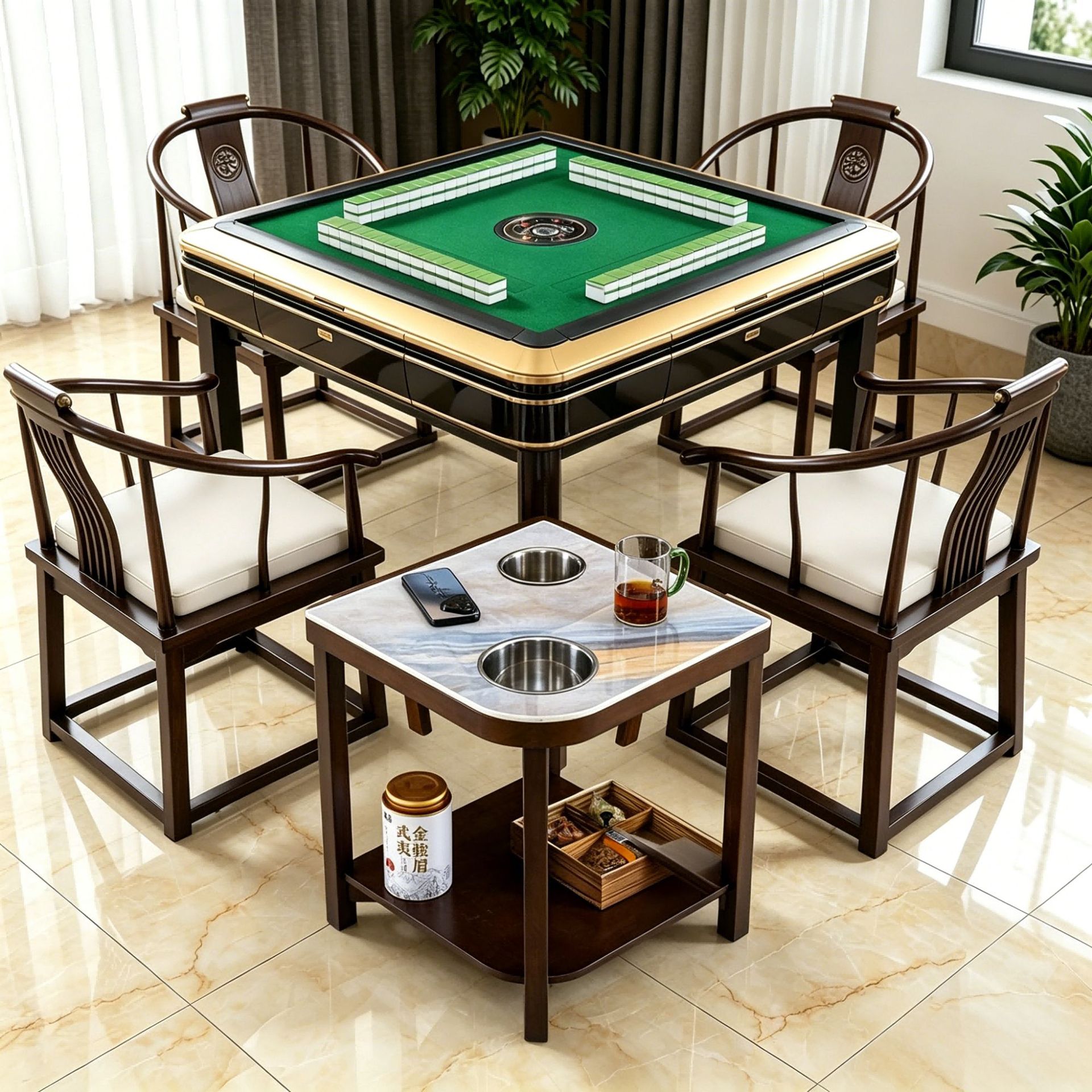 实木麻将机茶水架高档岩板茶楼棋牌室茶几麻将桌馆房间专用小边几图片
