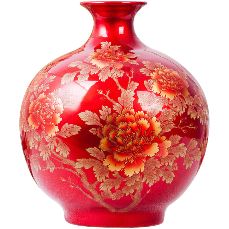 水晶釉陶瓷器落地花瓶摆件中国红色景德镇客厅插花新中式结婚礼品