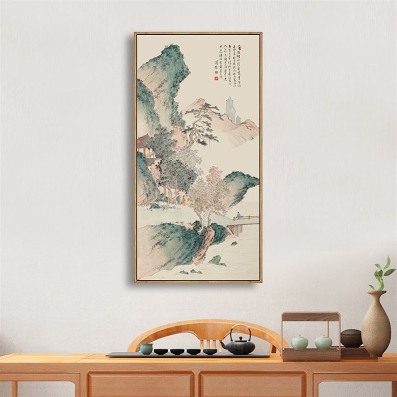 溥儒抱琴访友图新中式山水画装饰画禅意客厅玄关竖版走廊壁画挂画