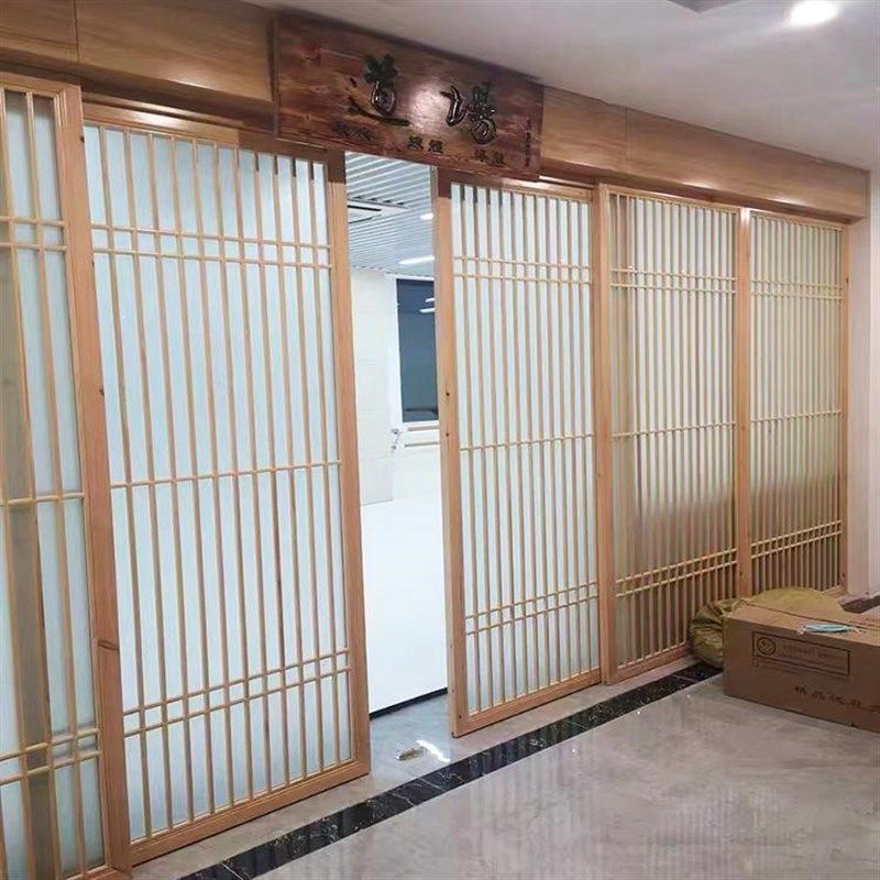 日式原木格栅移门 新中式实木推拉门 镂空屏风入户玄关隔断墙定制