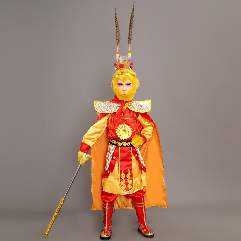 孙悟空羽毛头冠小孩儿美猴王衣服装男女齐天大圣庙会摆摊表演出童