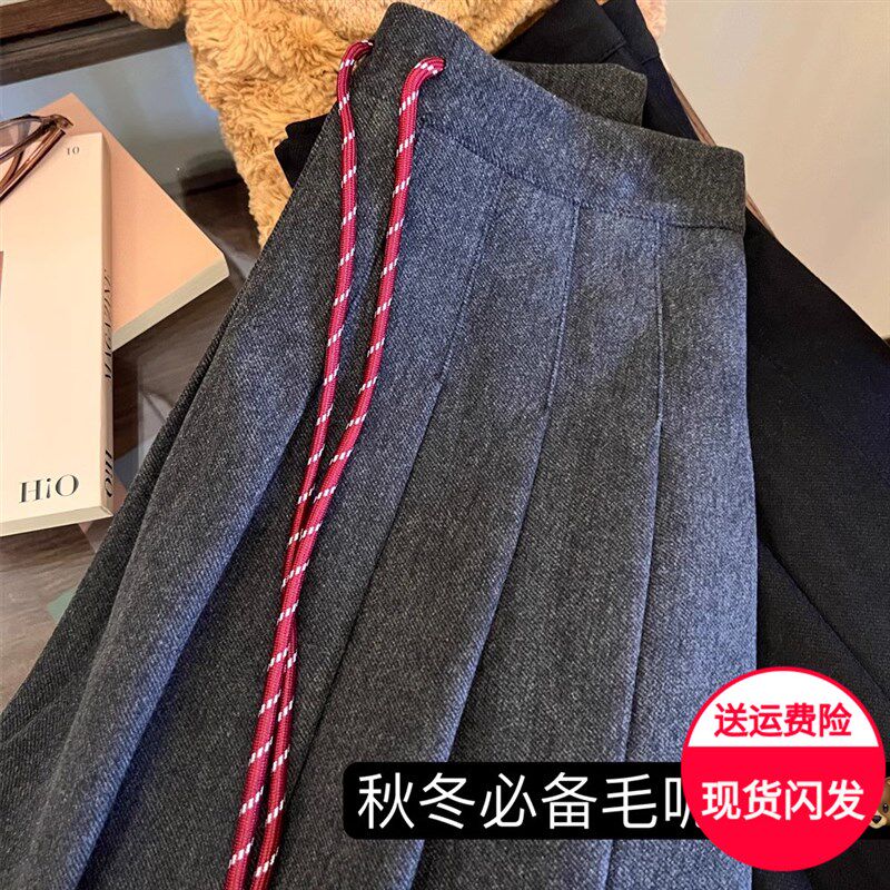 灰色毛呢短裙女秋冬大码高腰显瘦小个子百褶裙学院风a字半身裙潮