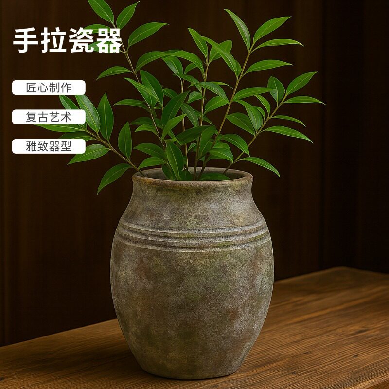 潮州创意复古高级感手工花瓶 大口径陶罐插花器客厅玄关艺术摆件图片