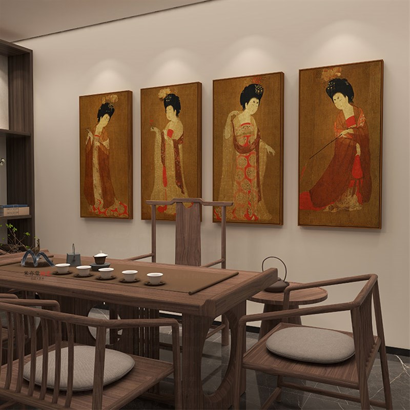 网红簪花仕女图物新中式古代人国画客厅茶室会玄所关装饰挂画