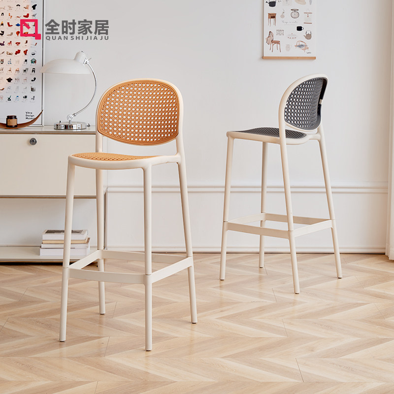 简约塑料吧椅家用户外仿藤编吧凳餐厅复古商用酒吧前台高脚椅吧台