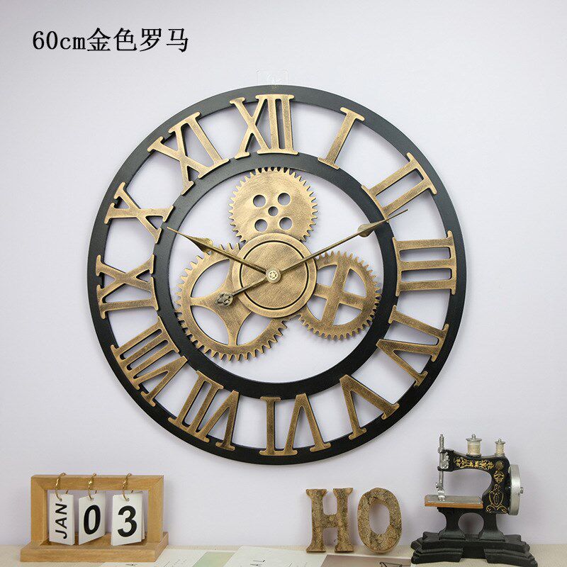 工业风木质静音挂钟美式齿轮复古挂表客厅餐厅装饰创意壁钟钟表