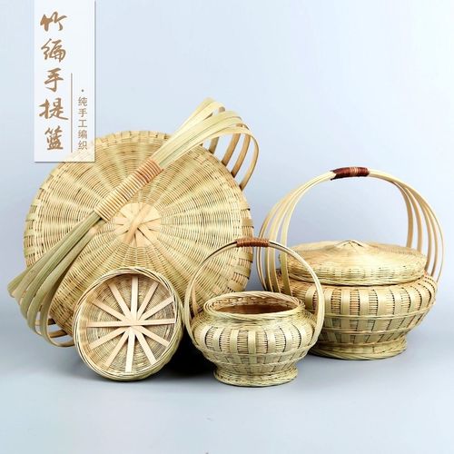 手工竹编提篮带盖竹篮点心饭篮户外野餐大号小号水果收纳篮拜神篮