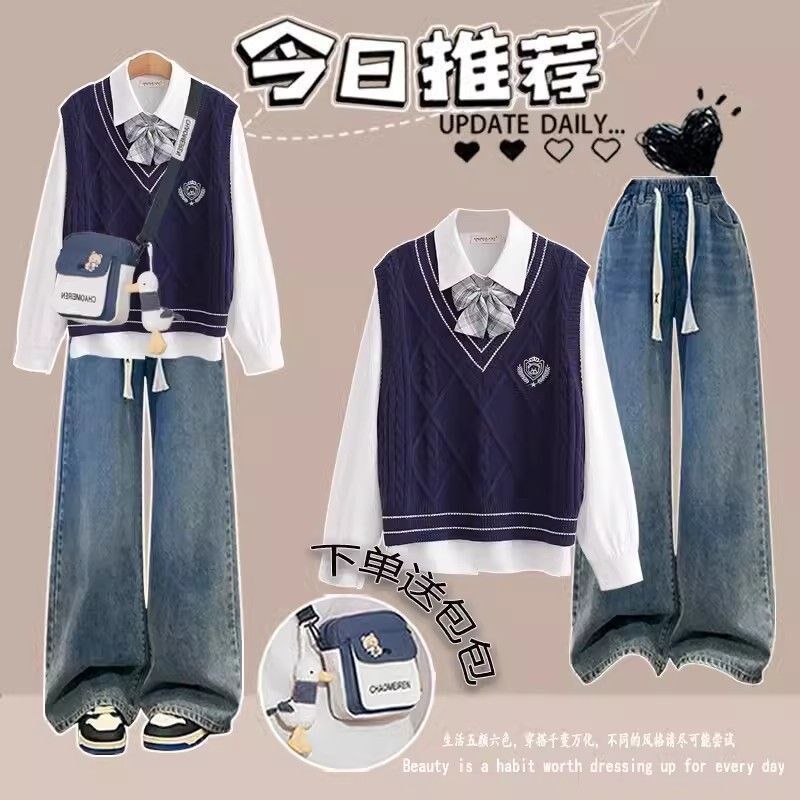 11到13一15岁大童女装春季套装初中学生少女衬衫马甲裤子三件套潮