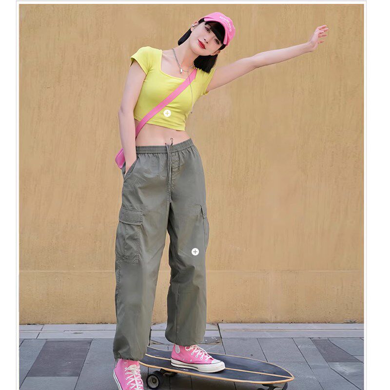 2025年夏季女士工装裤裤子休闲裤宽松直筒高腰束脚薄款显瘦