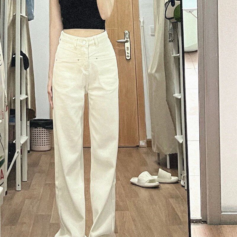 白色窄版阔腿直筒牛仔裤女春季新款高腰宽松显瘦小个子垂感拖地