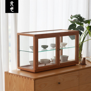 木质陈列展示柜玻璃钢化复古茶饮具双层小型手办首饰收藏元也设计