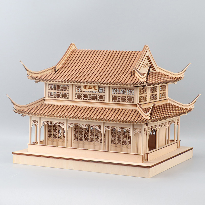 新中式禅意侘寂风创意木建筑桌面摆件售楼处样板房间茶室软装饰品