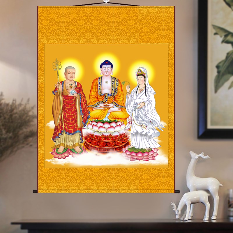 娑婆三圣佛像挂画 画观世音菩萨地藏王释迦牟尼佛佛如来佛祖供奉