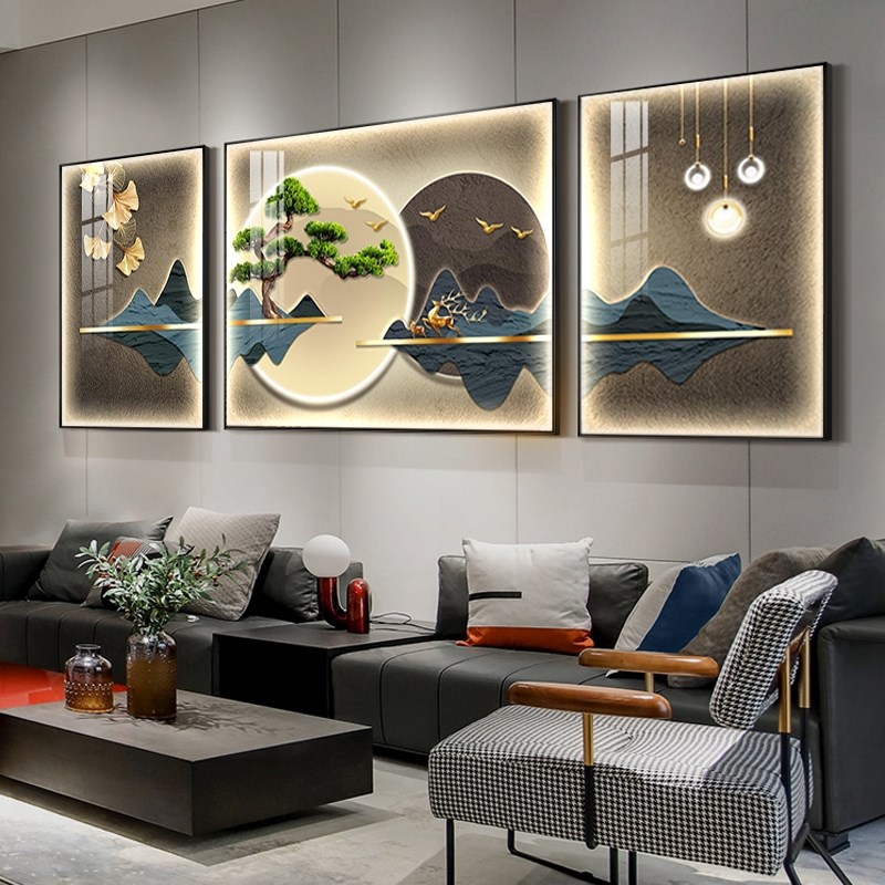 农村别墅家庭东墙客厅三联挂画迎客松结婚电视背景墙装饰发光灯画
