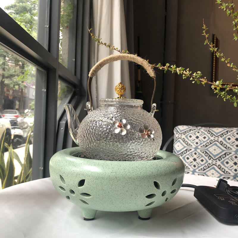 友悦苑陶瓷电陶炉煮茶器茶壶手工锡花锤纹玻璃烧水壶五朵金花茶炉