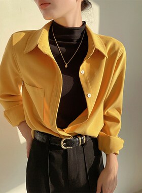 姜黄色灯芯绒衬衫女春秋设计感叠穿长袖衬衣女装2024新款磨毛上衣