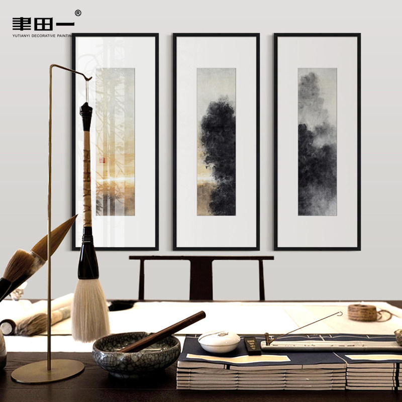 新中式水墨装饰画古典三联玄关壁画竖版样板间山水挂画过道墙面画