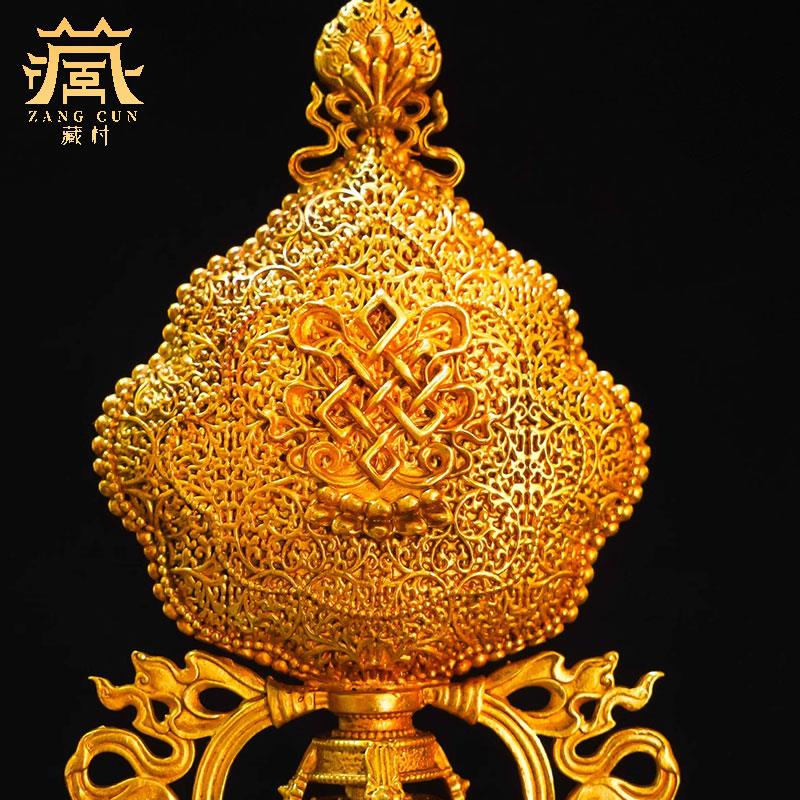藏村家用铜鎏金七政宝摆件五寸飘带轮王七珍宝室内桌面藏式工艺品