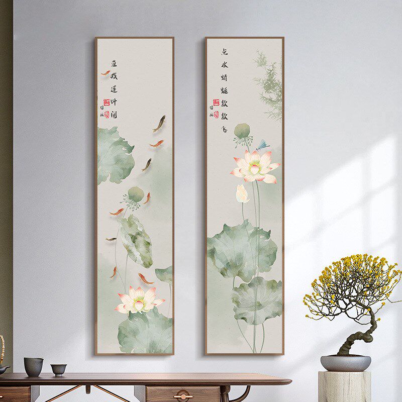 荷花入户玄关挂画竖长条九鱼图新中式装饰画禅意莲花民宿过道壁画