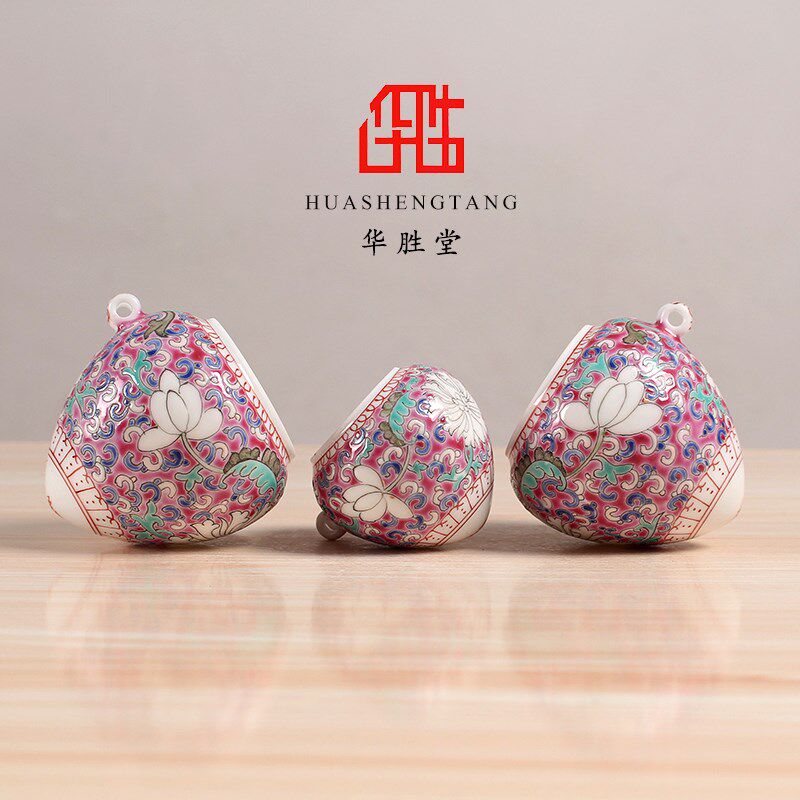 华胜堂 景德镇手绘粉彩图案鸡心罐鸟食罐画眉缸鸟杯 鸟笼配件